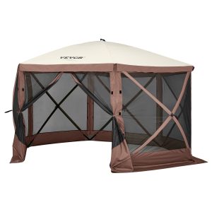 Pop Up Gazebo Tent, Pop-Up Screen Tent 6 Sided Canopy Sun Shelter With 6 Removable Privacy Wind Cloths & Mesh Windows, 11.5x11.5FT Quick Set Screen Tent With Mosquito Netting, Brown