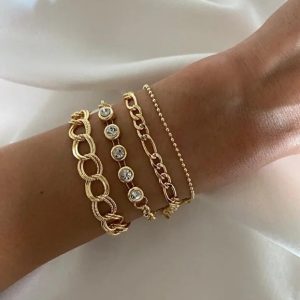 White Stone Bracelet Set Four Piece Layered Adjustable Elegant Fashion Jewelry Gift For Her