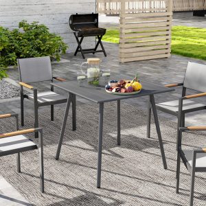 Outsunny Square Garden Table With Slat Top, Steel Frame, Outdoor Table For 4 Person, 80 X 80 X 74 Cm, Grey