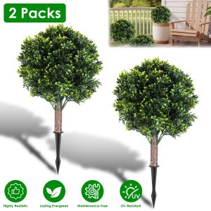 2 Packs Faux Boxwood Ball Trees Artificial Peanut Topiary Tree UV Resistant Artificial Shrubs Fake Plants Evergreen Artificial Bush With Ground Spike For Indoor Outdoor Front Porch Garden