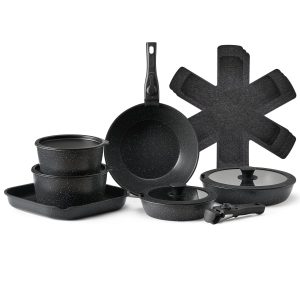 17 Piece Pots And Pans Set Granite Nonstick Kitchen Cookware Induction Black