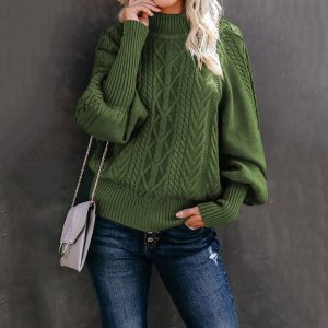 Women's Loose-fitting Long-sleeved Knit Sweater With Mid-neck - Solid Color
