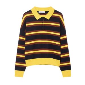 Women's Fashion Striped Polo Collar Knitted Sweater