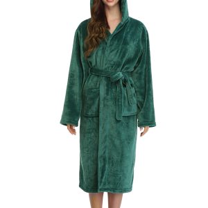 RONGTAI Womens Long Robes Plush Fleece Nightgown Thick Hooded Bathrobe With Pockets Fluffy Sleepwear For Men
