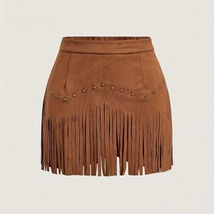 Women's Solid Color Fringe Mini Skirt, Western Style A-Line Denim Skirt With Decorative Buttons For Spring And Summer