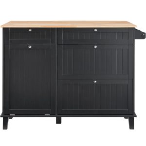Kitchen Island Cart, 50" Wood Top Breakfast Bar With Trash Cabinet Tilt Out 10 Gallon Storage, Farmhouse Dining Living Room Table With Drop Leaf, Towel Bar, Drawer, Black