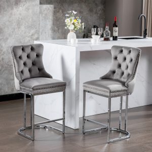 26 Counter Height Bar Stools Set Of 2, Modern Velvet Barstools With Button Back&Rivet Trim Upholstered Kitchen Island Chairs With Sturdy Chromed Metal Base Legs Farmhouse Bar Stools, Gray,2 Pack