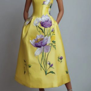 Yellow Floral Print Strapless Midi Dress