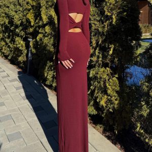 Burgundy Maxi Dress With Crisscross Open Back And Long Sleeves