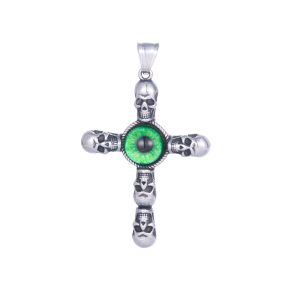 Stainless Steel Cross Skull Green Eye Pendant