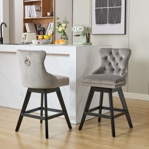 Swivel Velvet Barstools With Button Tufted Decoration And Wooden Legs, And Chrome Nailhead Trim, Leisure Style Bar Chairs,Bar Stools, Set Of 2 Gray,SW1860GY