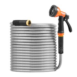 Metal Garden Hose 75 Ft, Rust Proof Stainless Steel Water Hose, Heavy Duty Backyard Hose With 10 Function Nozzle, No-Kink & Flexible Water Pipe, Lightweight Metal Hose For Yard, Outdoor
