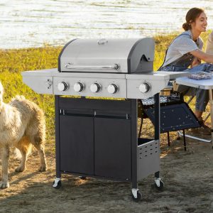 Propane Four-burner Stainless Steel Gas Grill With Side Burners, Suitable For Outdoor Patios And Gardens.
