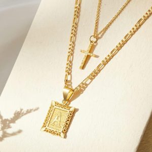 Double Layered Letter Square Cross Melon Seed Buckle Necklace