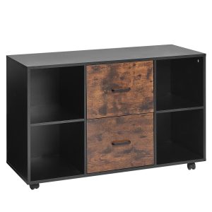 2 Drawer Wooden File Cabinet, Mobile Filing Cabinet With Open Shelves, Lateral Rolling File Storage With Lockable Wheels, Modern Free Standing Printer Stand For Home, Office, School, Black