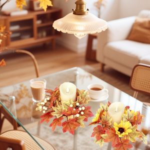 2 Pcs 9.8 Inch Fall Candle Rings Wreaths Candlestick Decorative Rattan Garland Maple Leaf Berries Sunflowers Candle Rings Autumn Wedding Parties Centerpieces