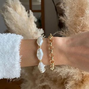 Pearl Chain Bracelet Set Adjustable Two Piece Elegant Minimalist Layered Fashion Jewelry Gift For Her