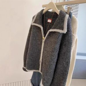 Gray Raccoon Fur Collar Coat Sweater