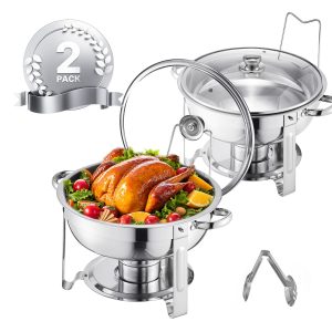 Chafing Dish Buffet Set, 5 Qt 2 Pack, Stainless Steel Chafer With 2 Full Size Pan, Round Catering Warmer Server With Glass Lid Water Pan Folding Stand Fuel Holder, For Wedding Party Banquet, Silver