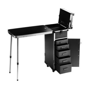 Professional Makeup Train Case Aluminum Cosmetic Case, Workbench With Supporting Legs, Rolling Makeup Case Extra Large Trolley Makeup Travel Organizer, With 360° Swivel Wheels, Black