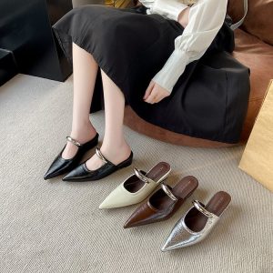 Pointed Toe Slip-on Mule Sandals With Chunky Heels