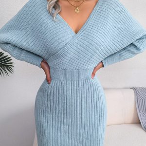 Cross V-Neck Batwing Sleeve Bodycon Sweater Dress