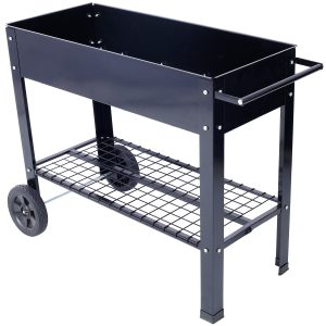 Products Elevated Mobile Raised Ergonomic Metal Planter Garden Bed For Backyard, Patio W Wheels, Lower Shelf, Black