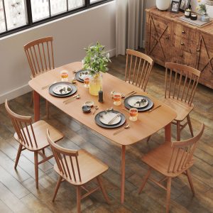 Pine Wood Dining Table for 6, 47" Rustic Rectangular Kitchen Table with Large Tabletop for Dining Room, Natural