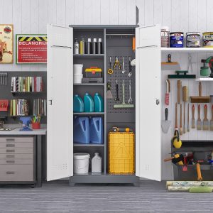 Gray Metal Lockers, Cleaning Tool Cabinets With Locking Doors, High Broom Tool Storage Cabinets, Adjustable Shelves, Large Cabinets For Kitchens, Offices, Shops. 72 Inches