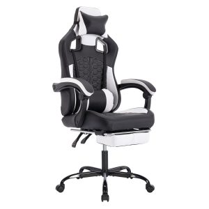 Gaming Chair With Massage,Ergonomic PC Gaming Chair With Footrest Comfortable Headrest And Lumbar Support,High Back PVC Leather,300LBS Black White