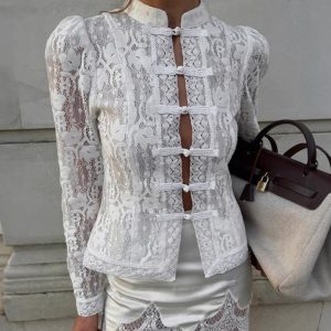 Niche Buckle Lace Jacquard Knitted Shirt For Women White Stand Collar Puff Sleeve Top