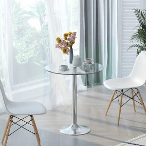 HOMCOM Round Dining Table, Modern Dining Room Table With Tempered Glass Top, Steel Base, Space Saving Small Bar Table