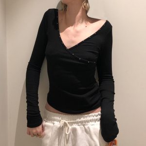 V-neck Knitted Underwear Long Sleeved Top Hot Girl New Solid Color