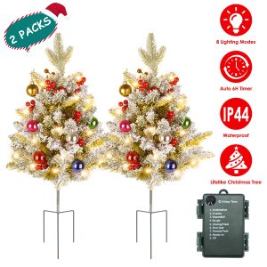 2Pcs Solar Powered Lighted Christmas Tree Urn Filler With Light Artificial Xmas Trees Light With Berries Decor Balls