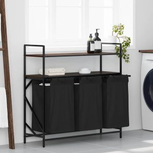 Laundry Basket with 3 Compartments and Shelves, Brown Oak
