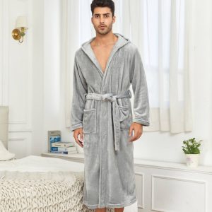 RONGTAI Womens Plush Fleece Hooded Bathrobe, Thick Nightgown Long Robe Sleepwear With Two Side Pockets And Belt