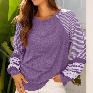 Tillandsia Purple Contrast Print Striped Raglan Long Sleeve Loose Top