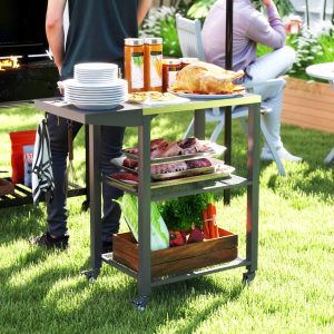 Three-Shelf Outdoor Grill Cart Table with Foldable Side Table