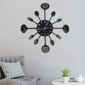 wall clock with spoon and fork design, black, 40 cm, aluminum