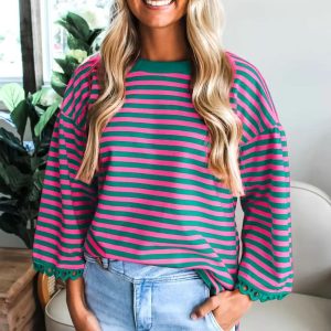 Fashion Striped Crew Neck Long Sleeves Women