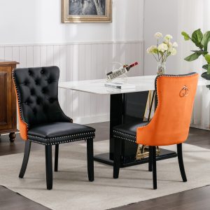 AA Furniture,Nikki Collection Modern, High End Tufted Solid Wood Contemporary PU And Velvet Upholstered Dining Chair With Wood Legs Nailhead Trim  2Pcs Set Black Orange, SW2101BO