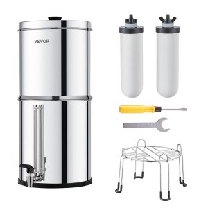 Gravity-fed Water Filter System, 2.25G 304 Stainless-Steel Countertop Water Filtration System, Reduces Lead And Up To 99% Of Chlorine, With 2 Ceramic Carbon Filters, Water Level  Spigot, Stand
