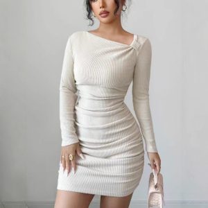 One-shoulder Slim-fit Long-sleeved Knitted Dress With A Body-hugging Silhouette