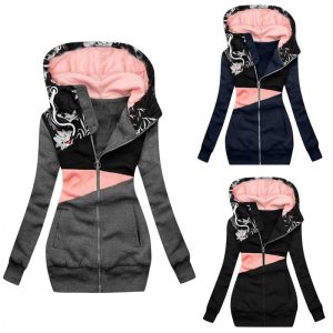 Plus Size Women's Color-Block Hooded Jacket, Full-Zip Long Sleeve Casual Blazer Coat For Winter Formal And Daily Wear