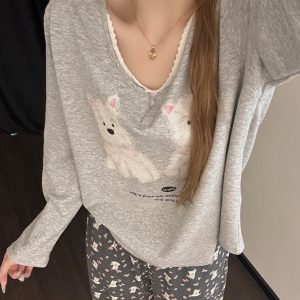 Puppy Print Pajamas For Women, Plus Size Long Sleeve And Pants Set