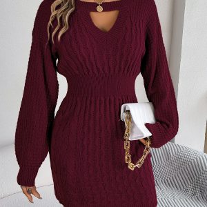Solid Color Cable Knit Hollow Out Lantern Sleeve Bodycon Sweater Dress