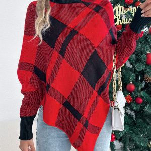 Casual Color Block Plaid High Neck Long Sleeve Poncho Sweater