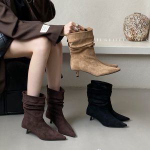 Women's Autumn Winter Pointed Toe High Heel Slimming Mid-Calf Boots