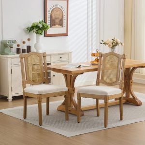 Full Solid Wood Rattan-Back Dining Chair, Matte Linen Cushion With High-Resilience Foam & S-Springs, Perfect For Rustic Natural Style Dining Room, Cafe With Classic  Durable Design,Beige,SW1874BG