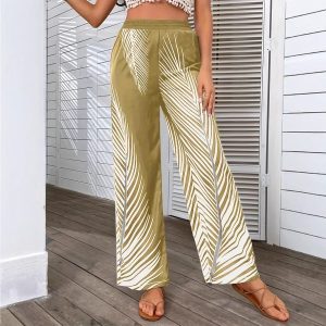 Fashion Elegant Striped Leaf Positioning Printed Wide-leg Pants Women